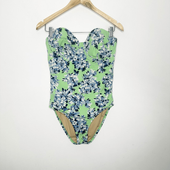 J. CREW Floral Underwire One Piece Swimsuit Green Strapless classic A8780 size 8 - Picture 2 of 8